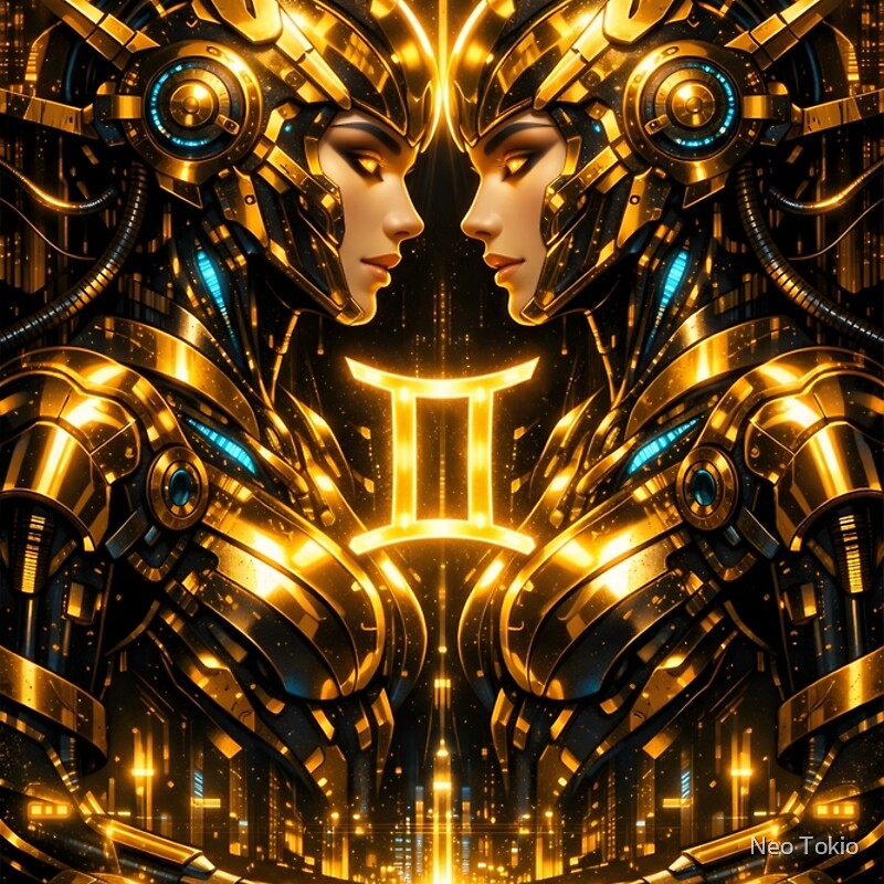 Cyberpunk Gemini Twins – Golden Futuristic Zodiac