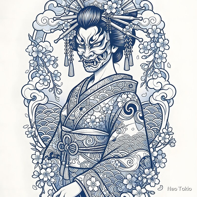 Cyber-Geisha Kabuki Mask – Neo-Traditional Japanese Tattoo Design