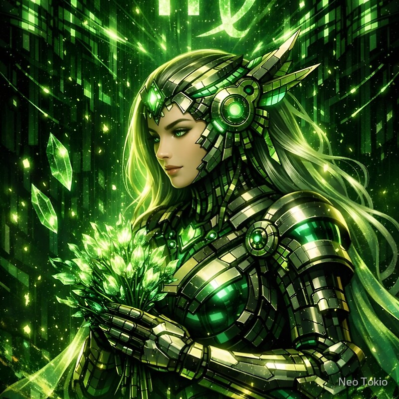 Cyberpunk Virgo – Emerald Futuristic Zodiac Maiden
