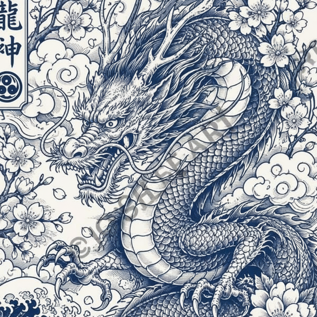 Ryujin Dragon Japanese tattoo stencil with watermark
